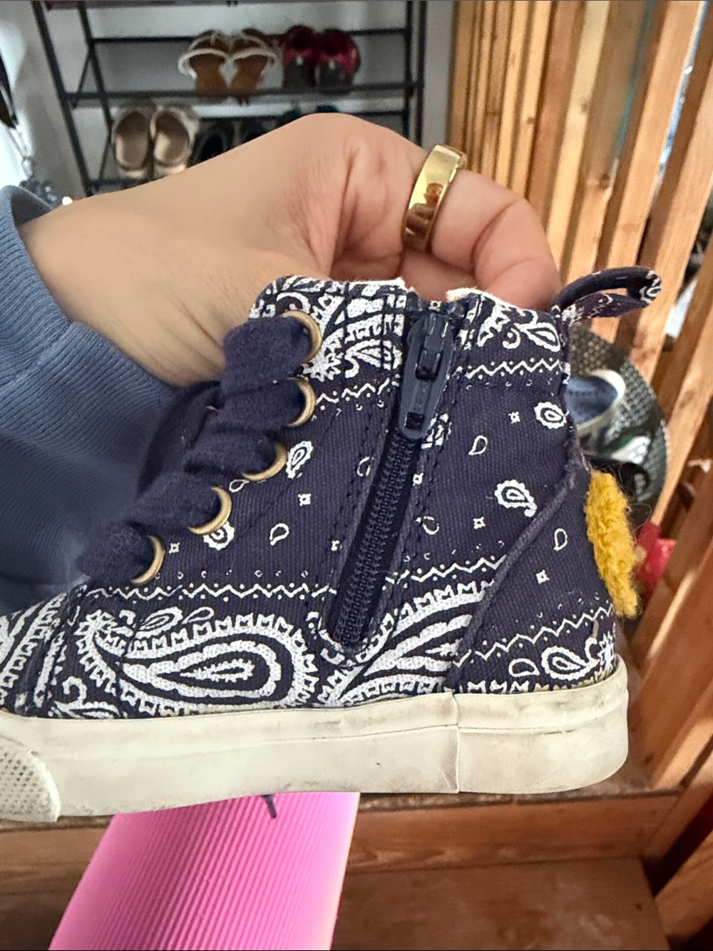 Toddler size 4 High-Top Sneakers with Navy Bandana Print and Yellow smile Accent - Picture 5 of 6
